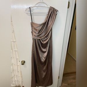 Social bridesmaids, size 8, satin off the shoulder gown in the color champagne